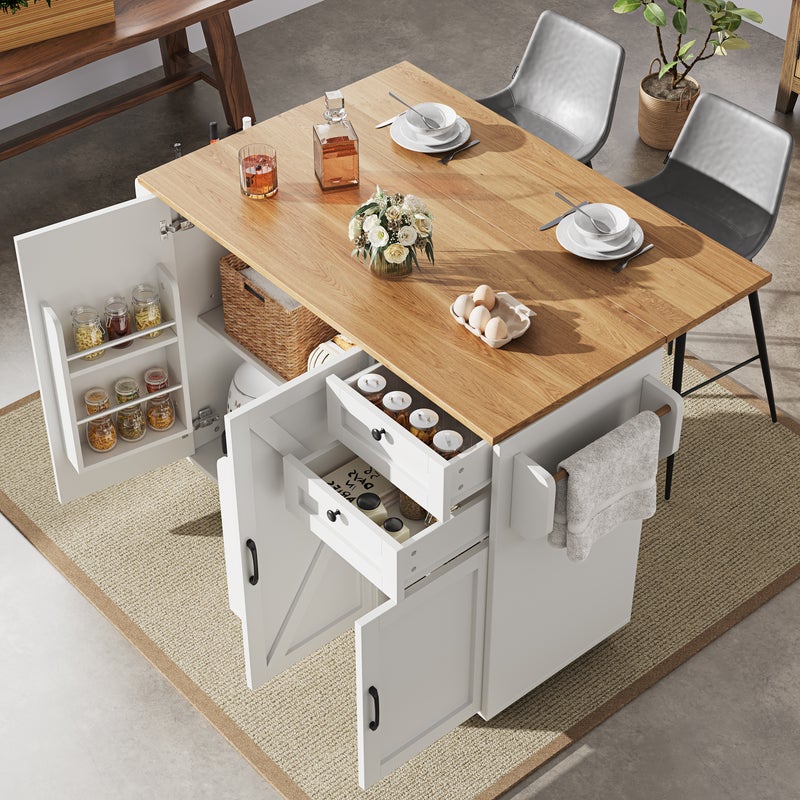 Mobilna wyspa kuchenna z 2 szufladami i 3 drzwiami - 120 x 43,2/71,2 x 92 cm - MDF - Rozkładany blat - Czarny i naturalny