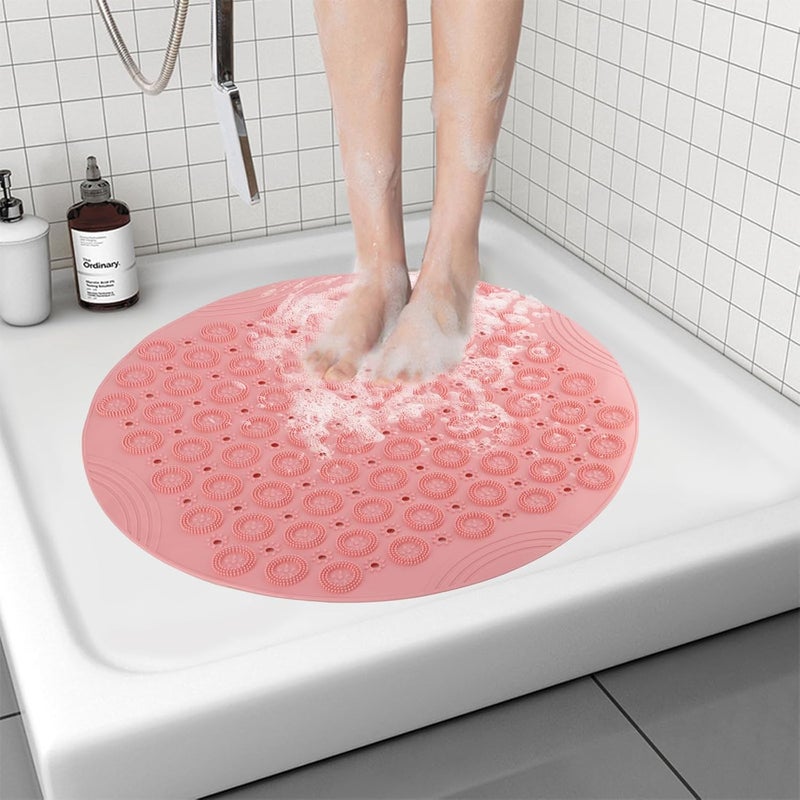 Mata antypoślizgowa pod prysznic 55x55cm okrągła mata łazienkowa z otworami odpływowymi i przyssawką, różowa