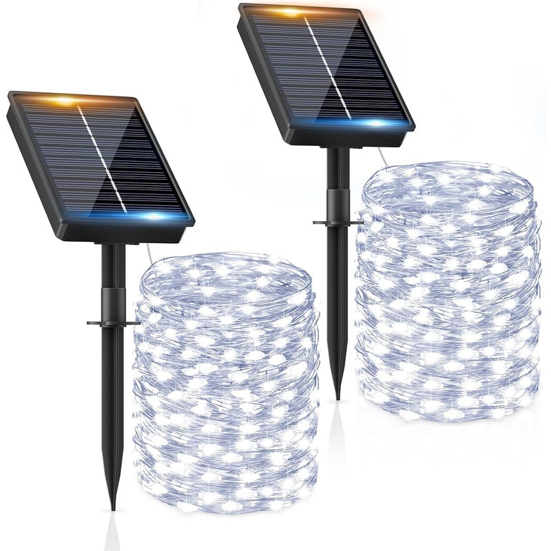 Lampy solarne na sznurku do użytku na zewnątrz, 3 x 5 m, 50 diod LED, wodoodporne, białe światło, 8 trybów