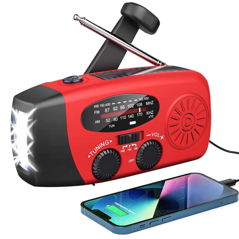 Radioodbiornik ręczny z korbką zasilany energią słoneczną, z własnym zasilaniem, z latarką LED, prognozą pogody AM/FM/WB, 2 akumulatorami, 000 mAh