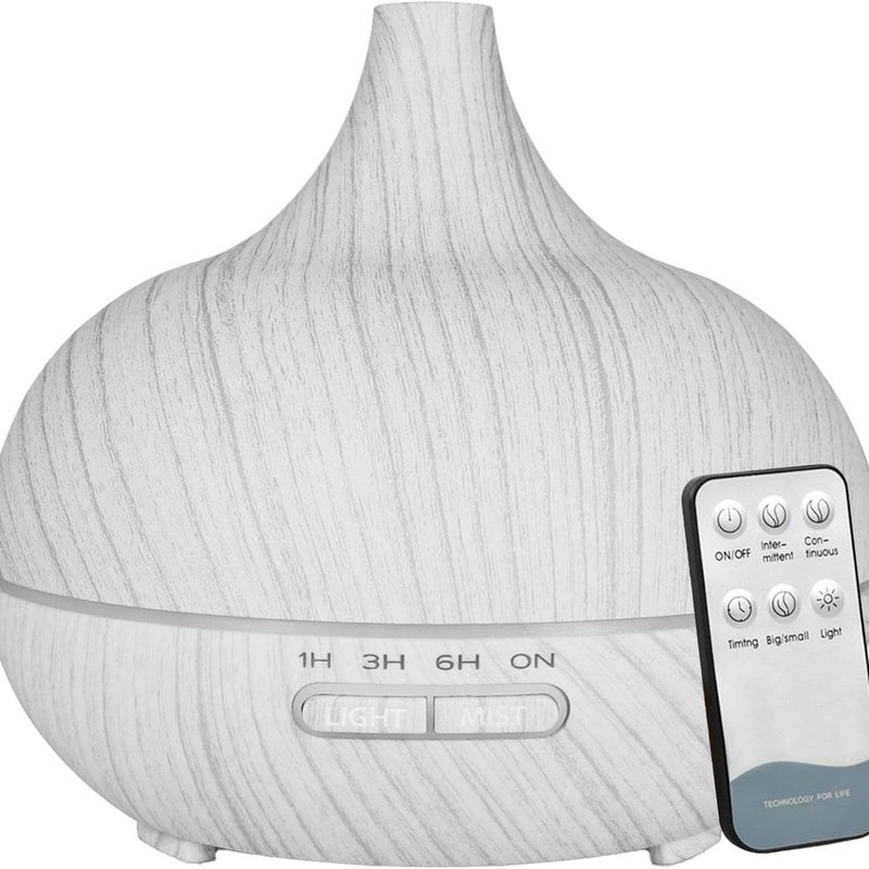 Nawilżacz powietrza, dyfuzor aromaterapeutyczny 550 ml z pilotem, automatyczne wyłączanie, białe słoje drewna.