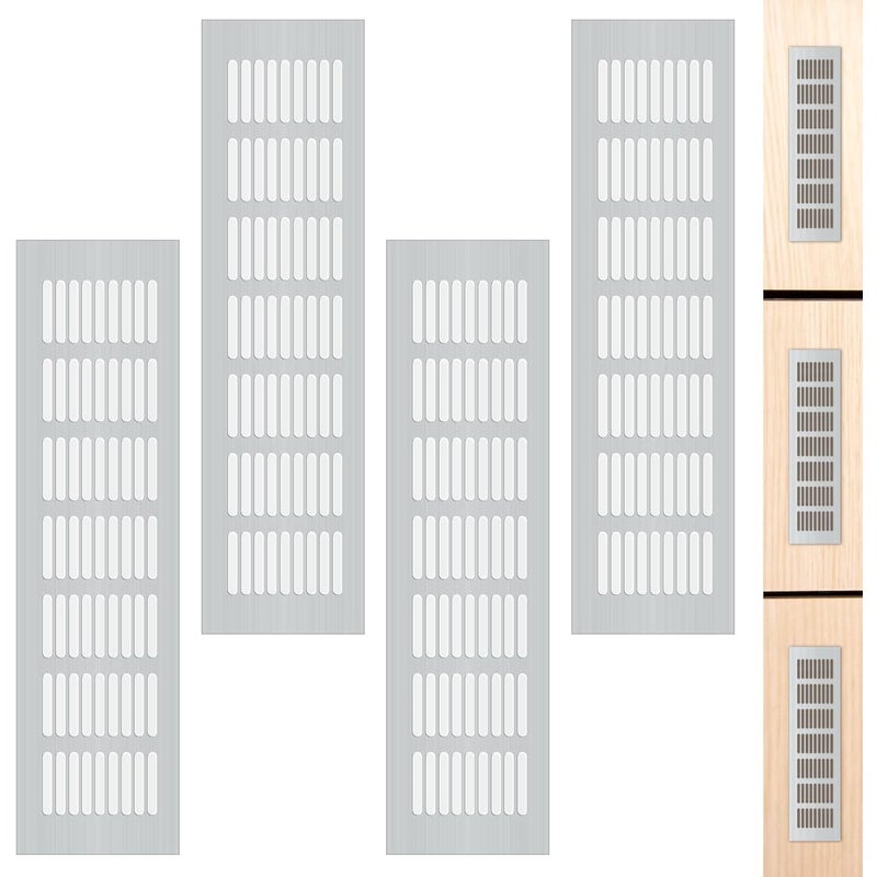 Kratka wentylacyjna aluminiowa z wkrętami do wentylacji szafek i pomieszczeń, 30 x 8 cm, srebrna, 4 sztuki