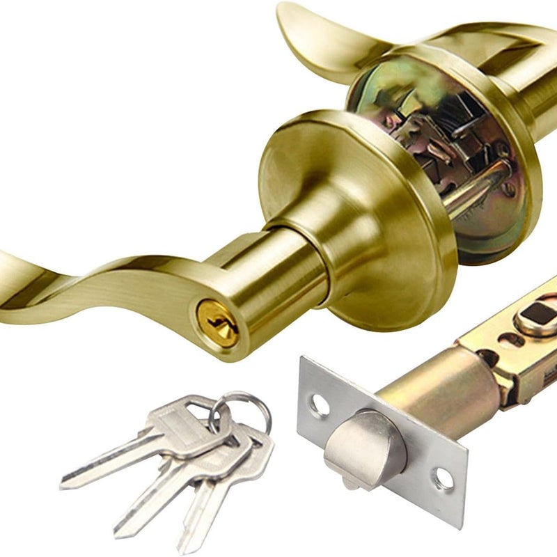 Klamka z kluczykiem, zamek do klamki, zamek do drzwi wewnętrznych i zewnętrznych w stylu falistym (złoty)