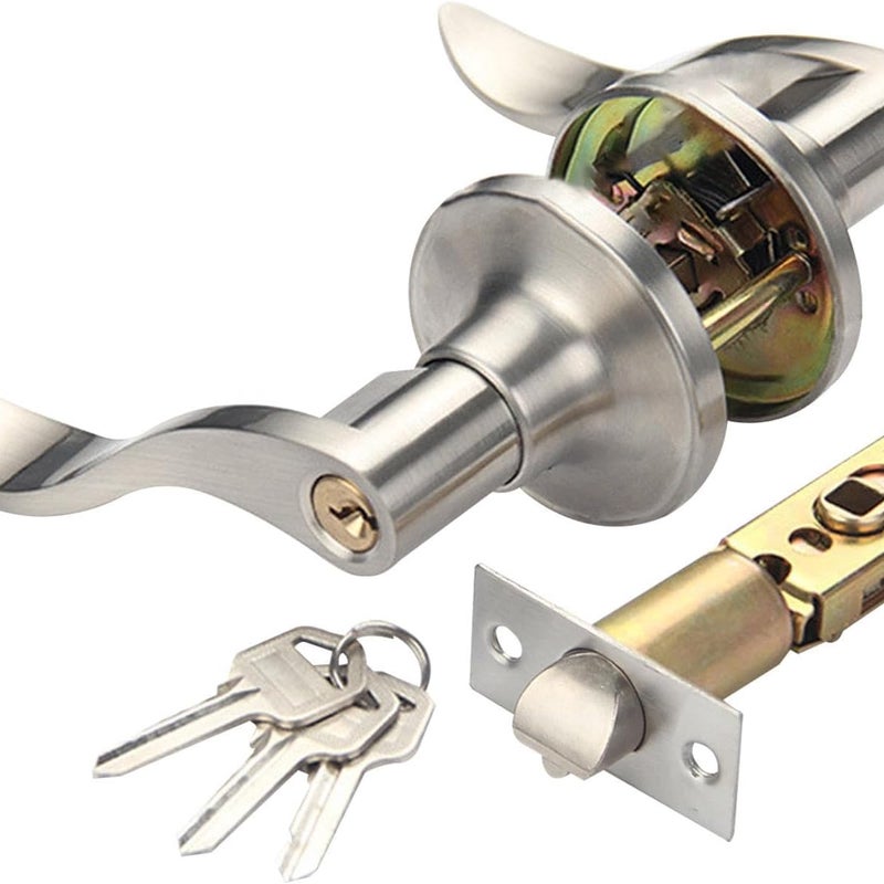 Klamka do drzwi z kluczem, zamek do klamki, zamek do drzwi wewnętrznych i zewnętrznych w stylu falistym (srebrny)