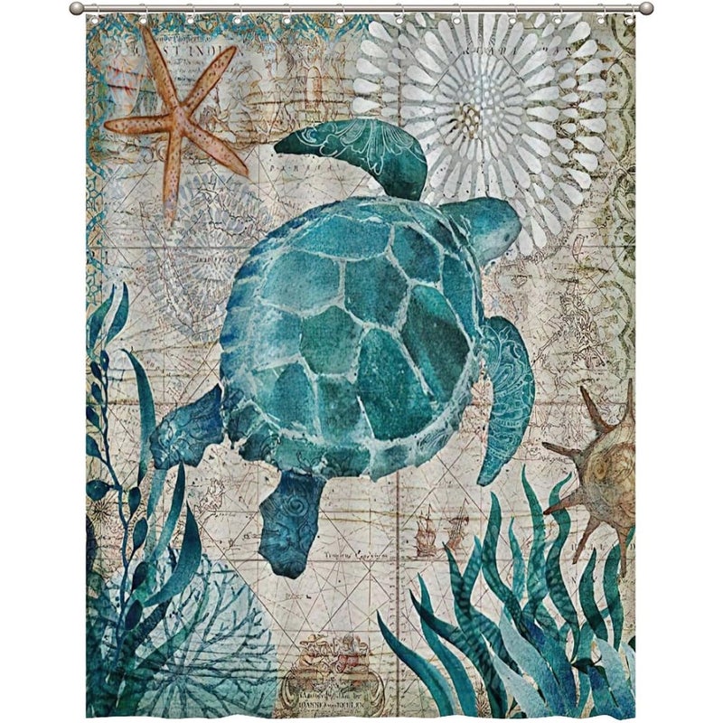 Zasłona prysznicowa w stylu vintage z turkusowym żółwiem i motywem marynistycznym – wystrój łazienki – 180 cm x 180 cm