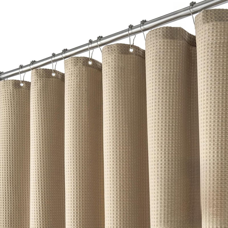 Zasłona prysznicowa - 200 x 180 cm, tkanina o splocie waflowym, do łazienek, hoteli, spa, z haczykami, khaki