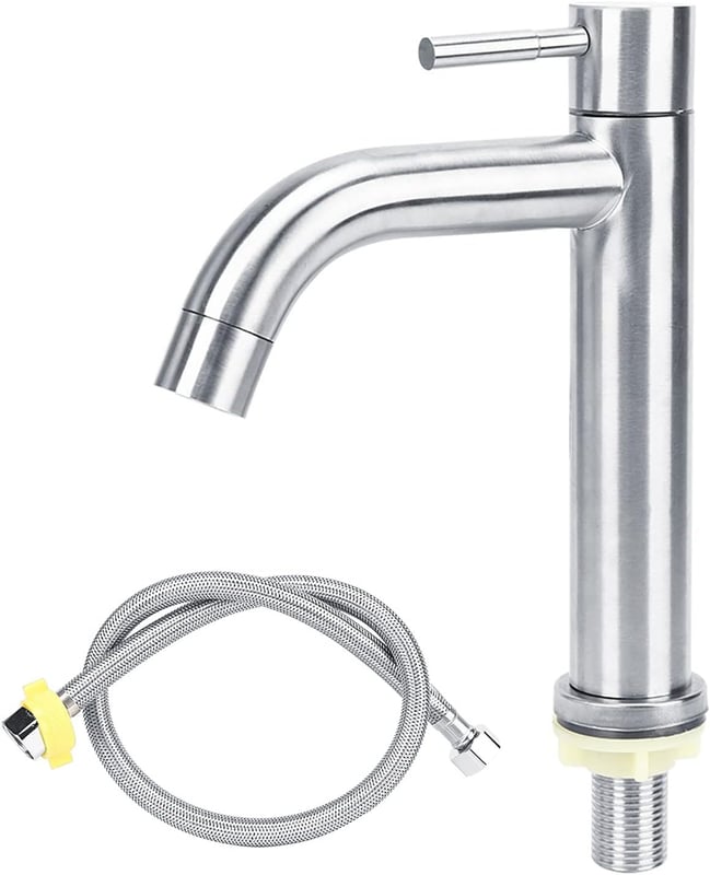 Bateria łazienkowa ze stali nierdzewnej, jednouchwytowa, zimna woda (kolor galwaniczny), wąż 80 cm