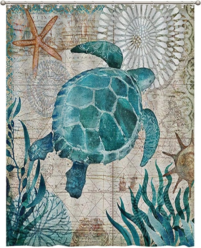 Zasłona prysznicowa w stylu vintage z turkusowym żółwiem i motywem marynistycznym – dekoracja łazienki – 150 cm x 180 cm