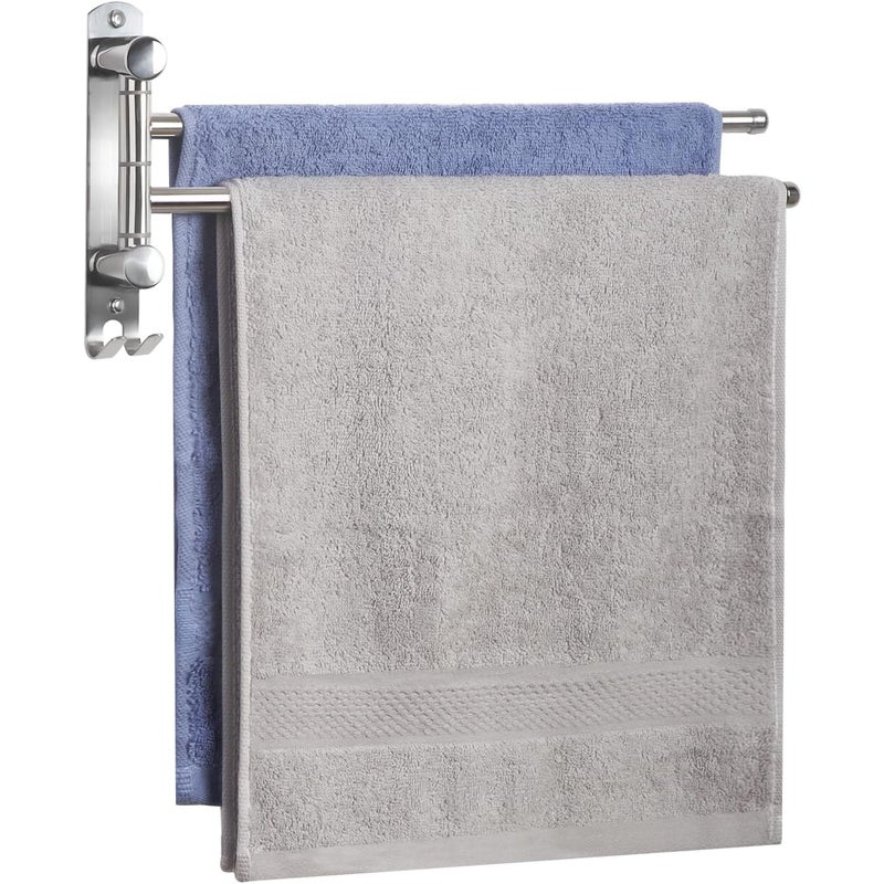 Wieszak na ręczniki do łazienki, obrotowy 180°, podwójny drążek ze stali nierdzewnej, srebrny podwójny drążek