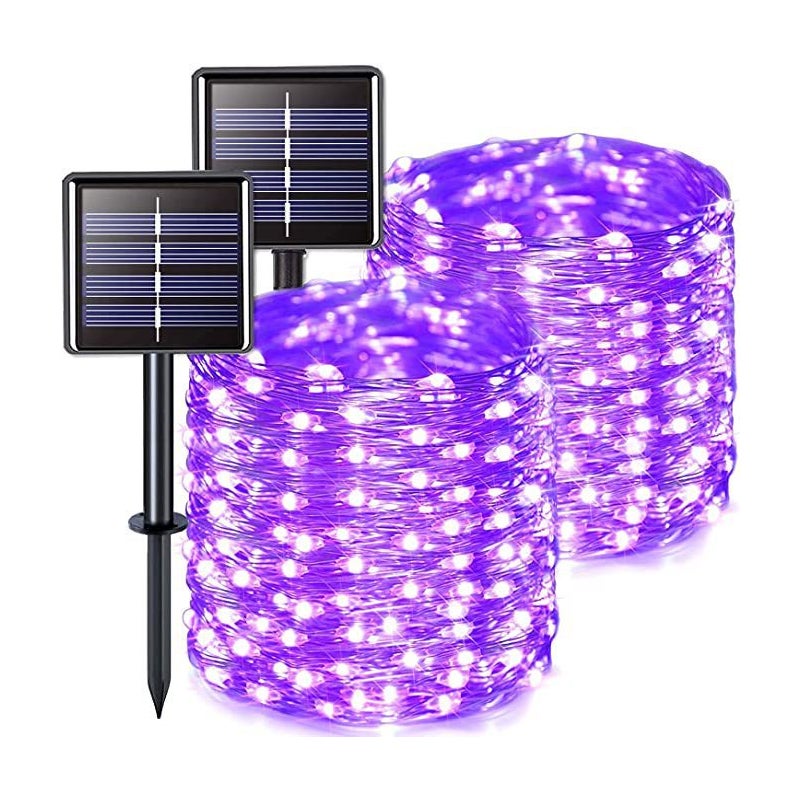 Zestaw 2 lampek solarnych do użytku na zewnątrz, drut miedziany, wodoodporny, 22 metry na lampkę, 200 diod LED (światło fioletowe)