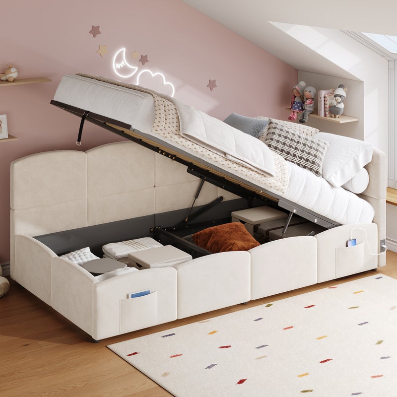 Łóżko z pojemnikiem 90 x 200 cm z portem ładowania USB i 2 kieszeniami, sofa rozkładana - tkanina aksamitna - beżowy (bez materaca)