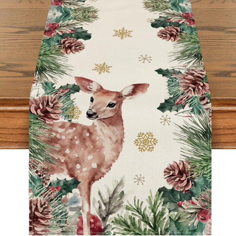 Bieżnik świąteczny – Płatki śniegu – Jeleń wschodni – Szyszki – Zimowa dekoracja stołu kuchennego – 33 x 183 cm