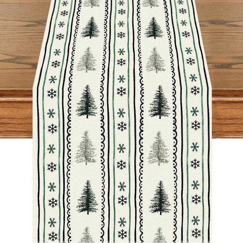 Bieżnik świąteczny w kształcie choinki 33 x 183 cm, zielone paski ze śnieżynkami, zimowa i świąteczna dekoracja do kuchni, jadalni i salonu.