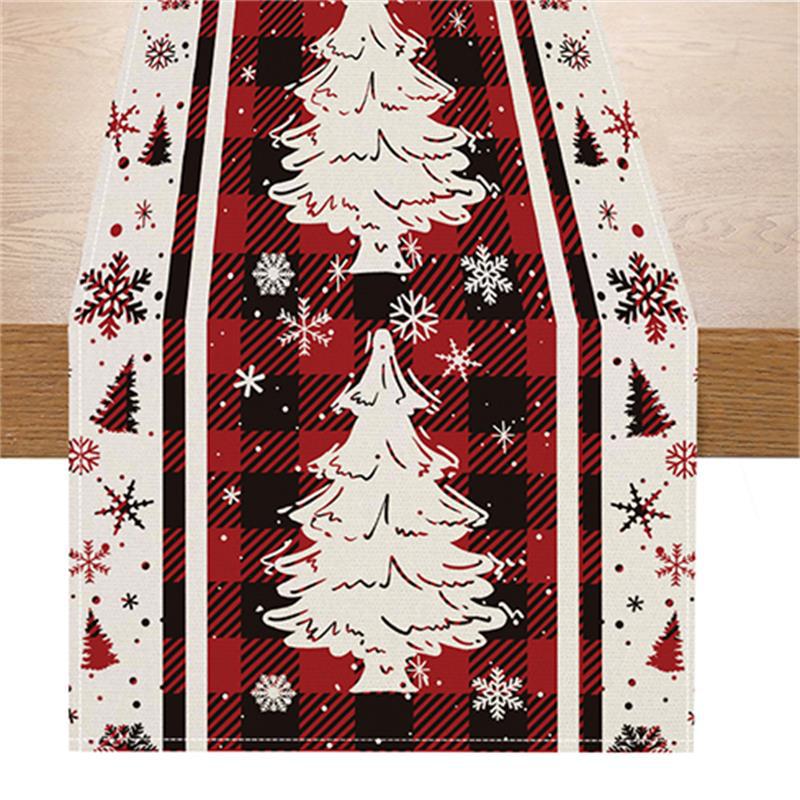 Bieżnik świąteczny 183 x 33 cm, bieżnik świąteczny z choinką, płatkami śniegu i wzorem w kratkę, lniany bieżnik świąteczny, zmywalny, świąteczny