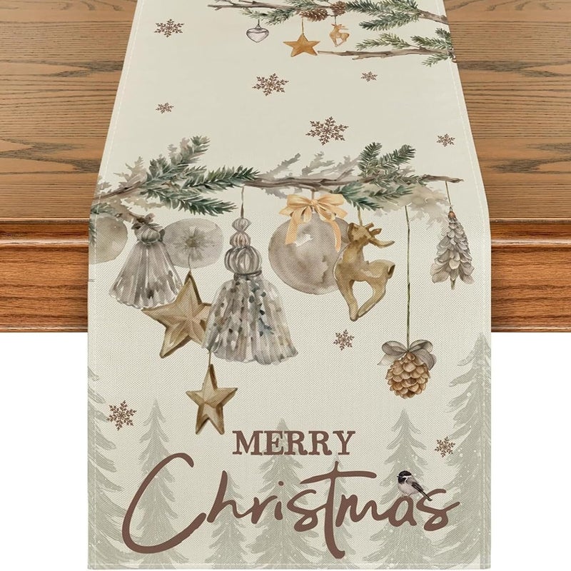 Bieżnik świąteczny 33x183 cm z choinkami, reniferami, dzwonkami i płatkami śniegu, dekoracja stołu świątecznego do kuchni, jadalni, zimowa dekoracja n