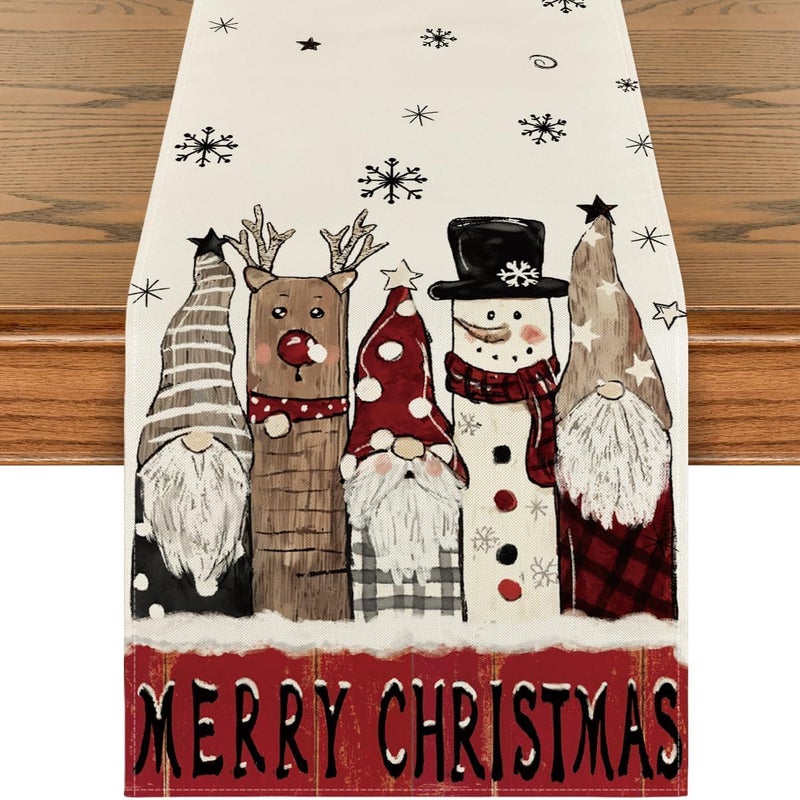 Bieżnik świąteczny 183 x 33 cm, Bieżnik świąteczny z płatkami śniegu, bałwanem, reniferem i krasnalami, Lniany bieżnik świąteczny, Zmywalny, Na stół