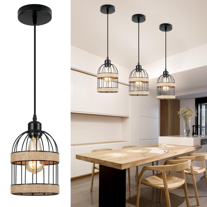 Lampa wisząca z rattanu, żyrandol z ręcznie wykonaną klatką mała lampa wisząca w stylu rustykalnym do kuchni z wyspą Jadalnia(Żarówka E27 w zestawie)