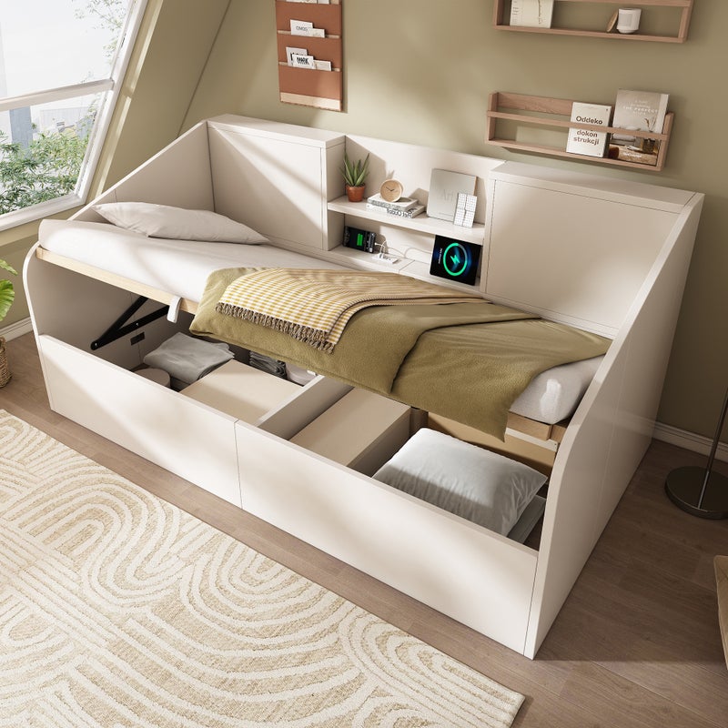 Łóżko z pojemnikiem 90 x 190 cm i 2 półkami – sosna + płyta wiórowa – porty ładowania USB/typu C – białe (materac nie jest dołączony)