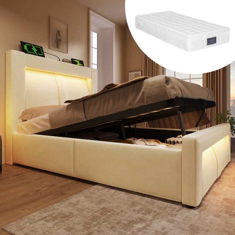 Łóżko z pojemnikiem 90 x 200 cm i zagłówkiem - Aksamit - Porty USB i Type-C + diody LED - dla dzieci - Beżowe (Z materacem)