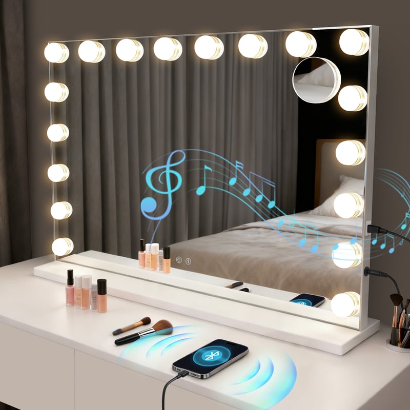 Lustro do makijażu Nettlife Hollywood z diodami LED i Bluetooth, 18 diodami LED, duże lustro toaletowe, światło i muzyka, 3 tryby