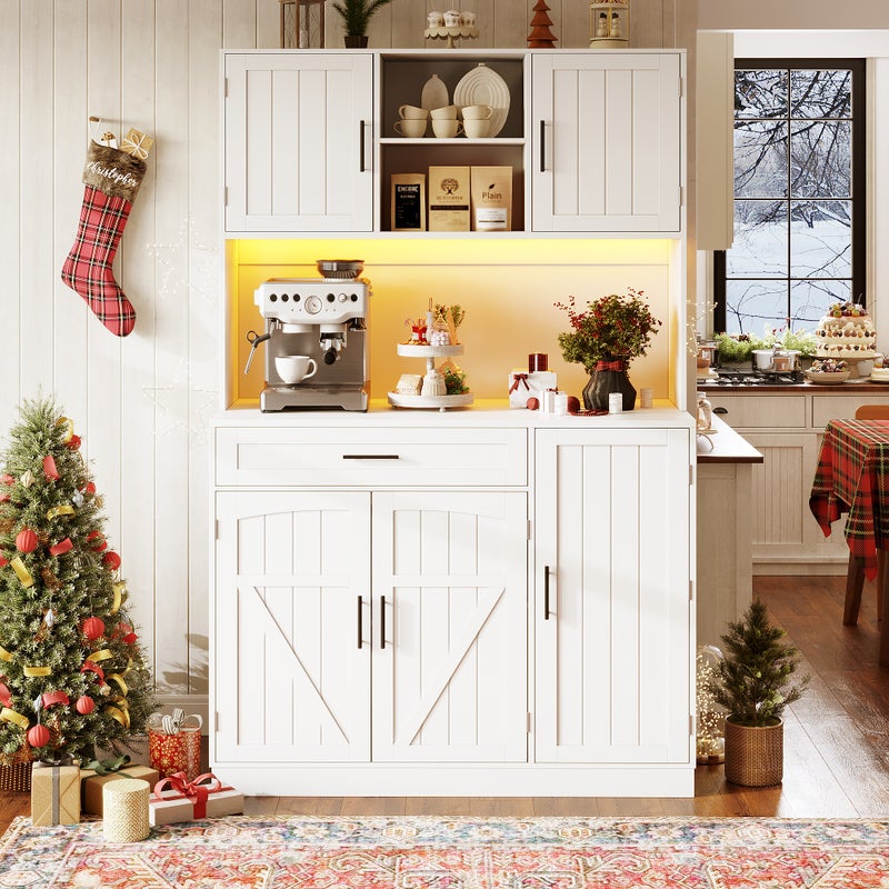 Kredens kuchenny z 5 drzwiami, 1 szufladą i 2 otwartymi przegrodami - 110 x 38 x 180 cm - diody LED i port ładowania - płyta MDF - biały