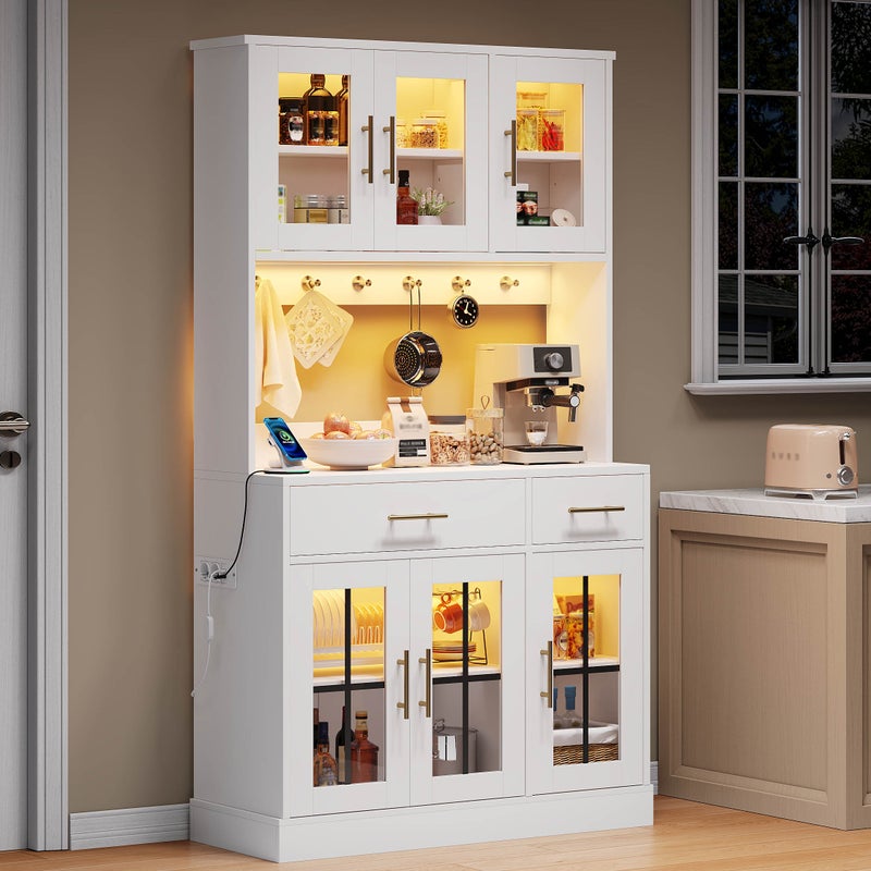 Kredens kuchenny z 6 drzwiami, 2 szufladami i regulowanymi półkami - 100 x 40 x 180 cm - MDF - diody LED i port ładowania - biały