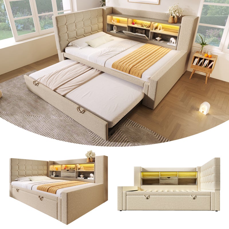 Łóżko wysuwane 90 x 200 cm + 90 x 190 cm z zagłówkiem w kształcie litery L i schowkami - LED - Tkanina lniana - Beż