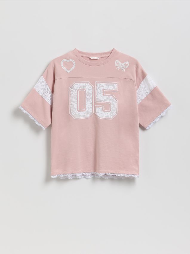 Reserved - T-shirt z koronkowym zdobieniem - różowy