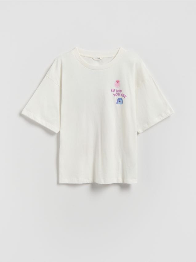 Reserved - T-shirt z nadrukiem Inside Out - złamana biel
