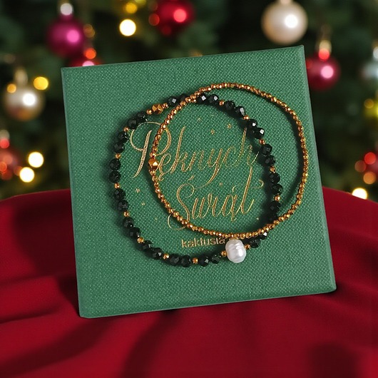 Świąteczny zestaw bransoletek : ciemna zieleń, złoto, perła : szmaragd nilu
