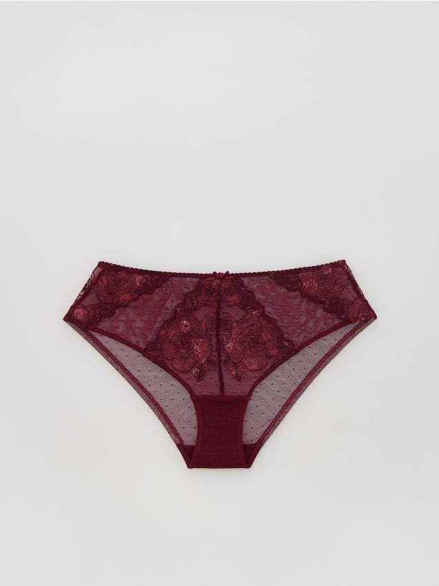 Reserved - Majtki figi z haftem - mahoniowy