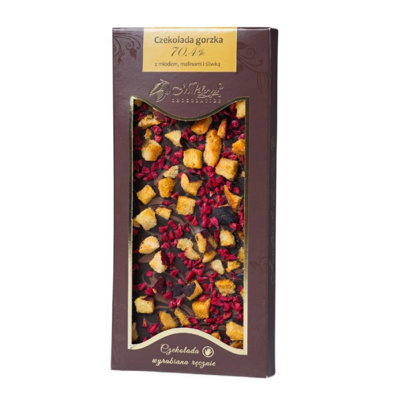 Gorzka czekolada M.Pelczar Chocolatier z miodem, malinami i śliwką 80g