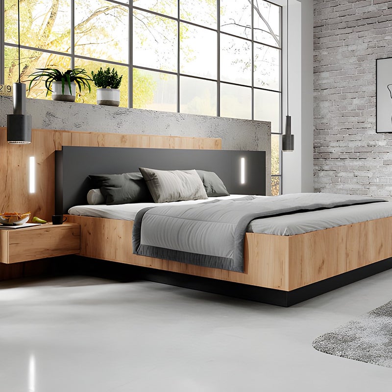 Łóżko z szafkami nocnymi 140 x 190 cm - 2 szuflady - Z oświetleniem LED - Kolory: Naturalny i antracytowy + Stelaż + Materac - FRANCOLI