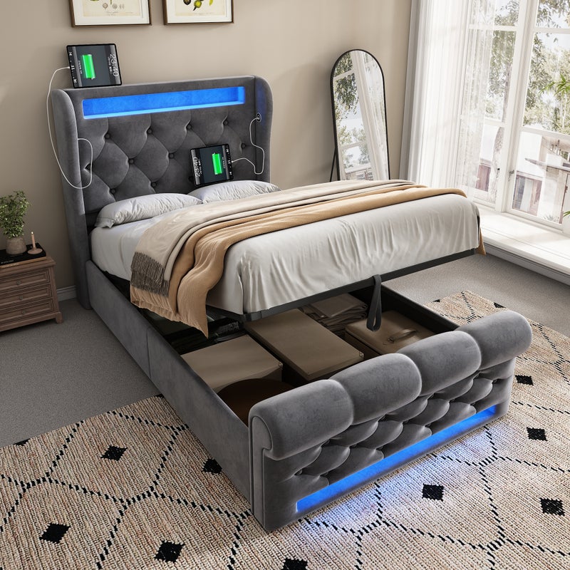 Tapicerowane łóżko pojedyncze 90x200 cm, zagłówek ze schowkiem, łóżko hydrauliczne ze schowkiem, kolor szary, aksamit.