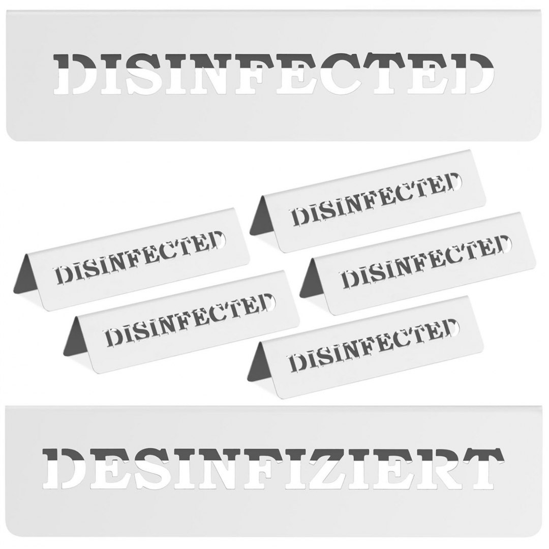 Royal Catering Tabliczka informacyjna na stół ze stali nierdzewnej DESINFECTED / DESINFIZIERT 5 szt.