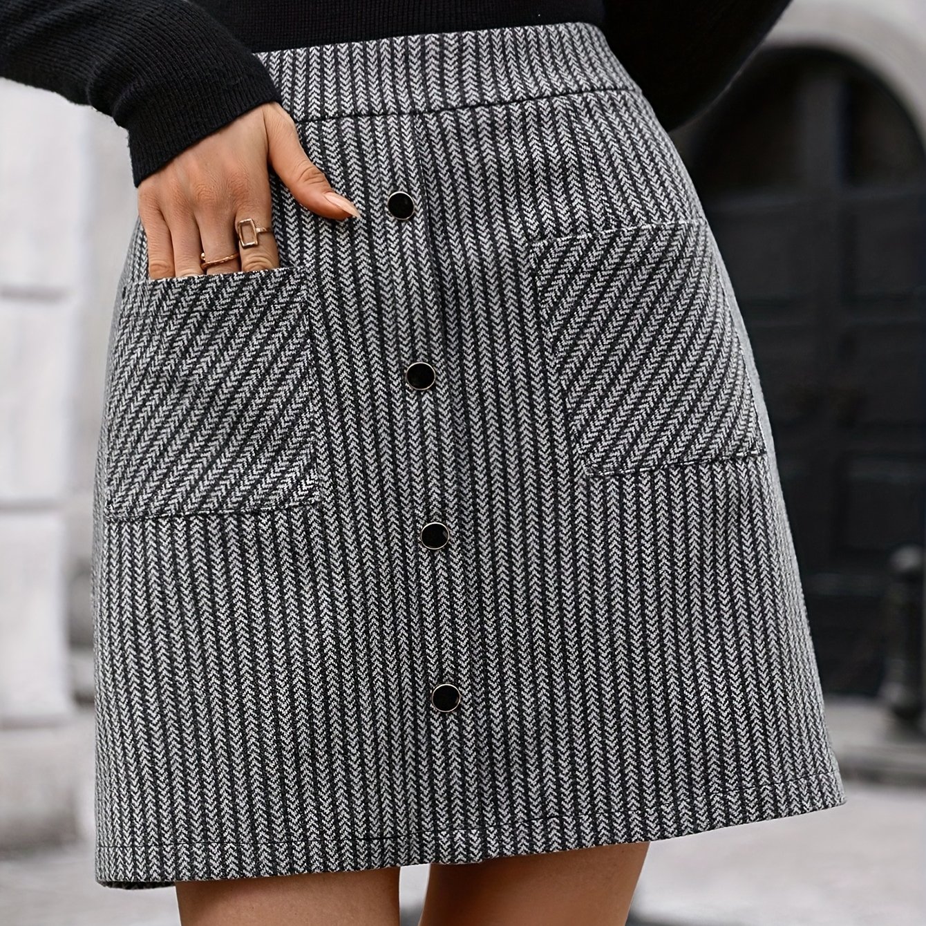 TEMU Elegancka Spódnica w Paski A-Line z Elastycznym Pasem i Kieszeniami - Wszechstronna Spódnica Półokrągła na Każdą Porę Roku, od Casual do