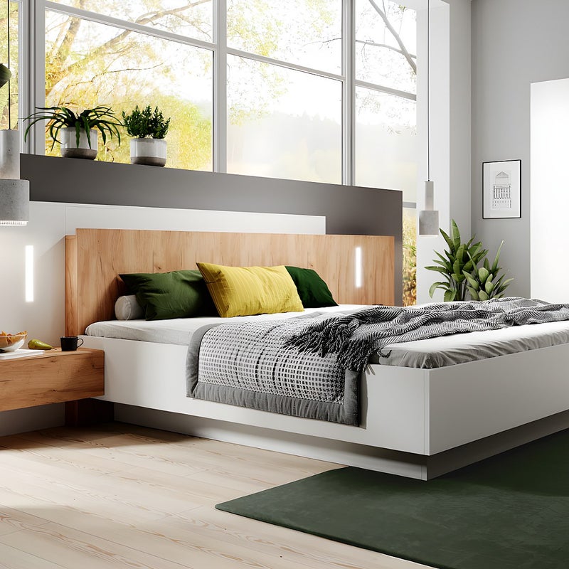 Łóżko z szafkami nocnymi 160 x 200 cm - 2 szuflady - Z diodami LED - Kolory: biały i naturalny+ Stelaż - FRANCOLI