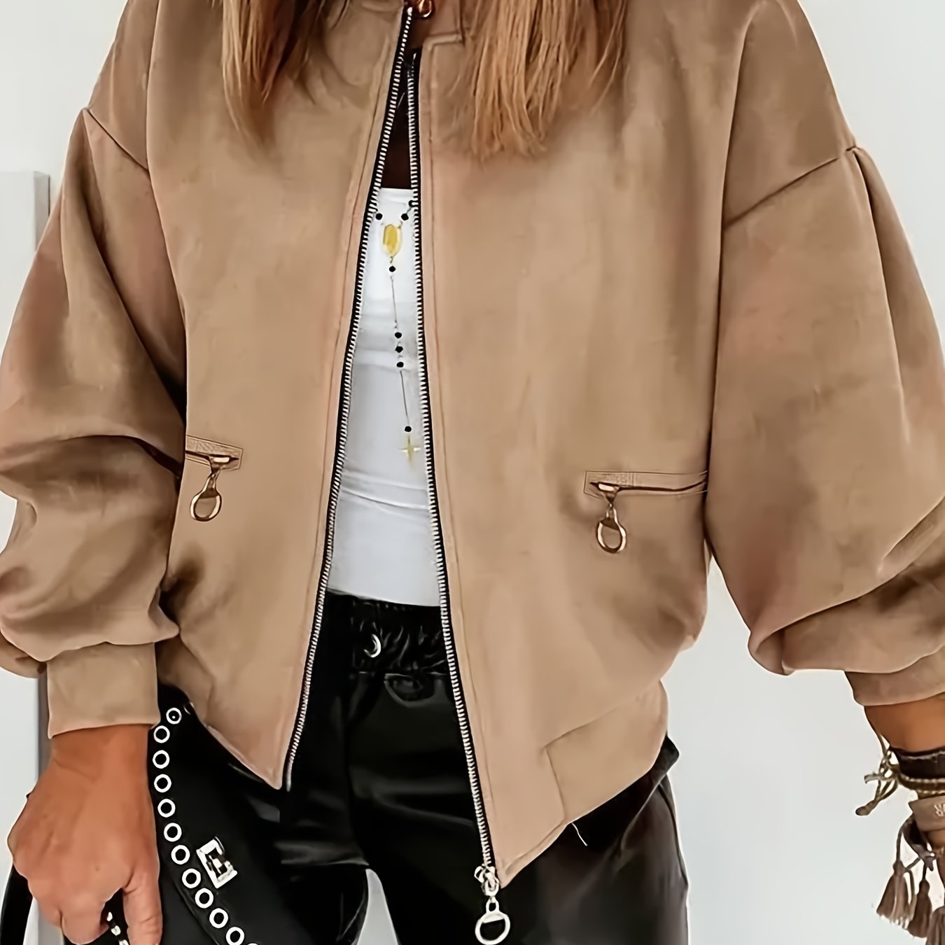 TEMU Damska kurtka pilotka - Brązowa - Zapinana na zamek błyskawiczny, Strukturalny krój do noszenia na co dzień i na specjalne okazje - Całoroczna