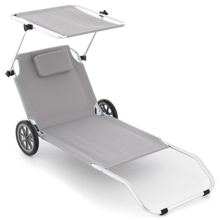 Składany leżak ogrodowy z kółkami i zadaszeniem, szary D93767