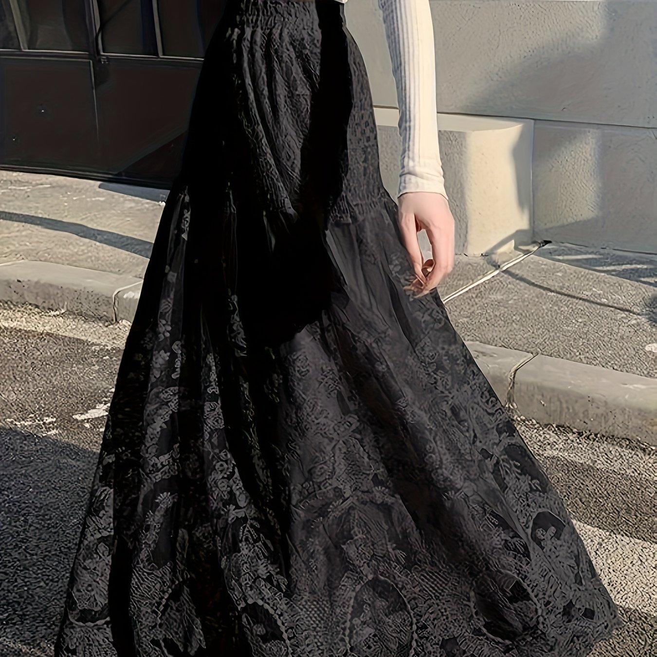 TEMU Elegancka, czarna, haftowana spódniczka midi, która wyraża elegancję. Charakteryzuje się wysokim stanem, co tworzy efekt. Stylizowana modna
