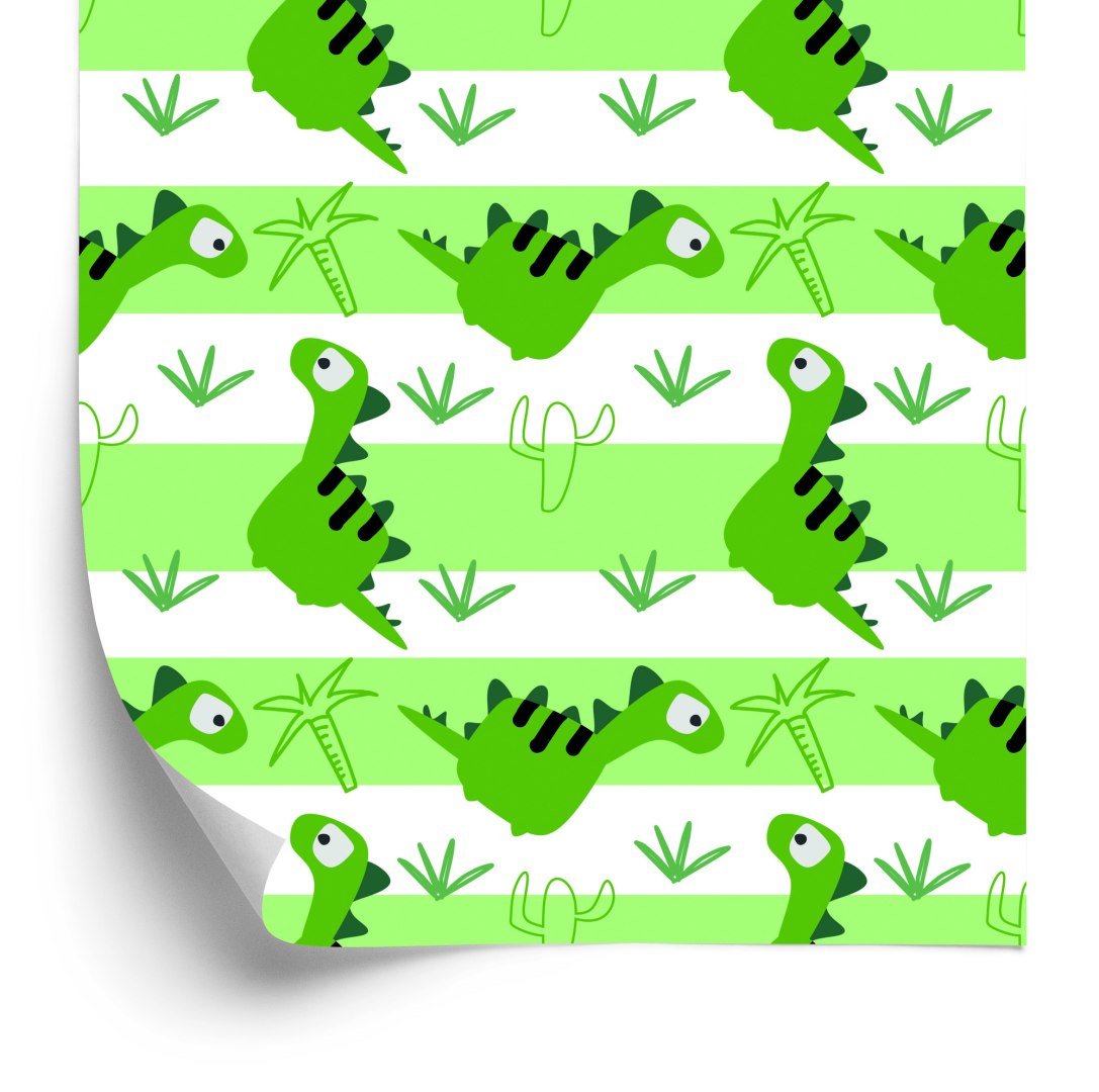 Tapeta Dla Dzieci - Dinozaury Na Tle Zielono - Białych Pasków