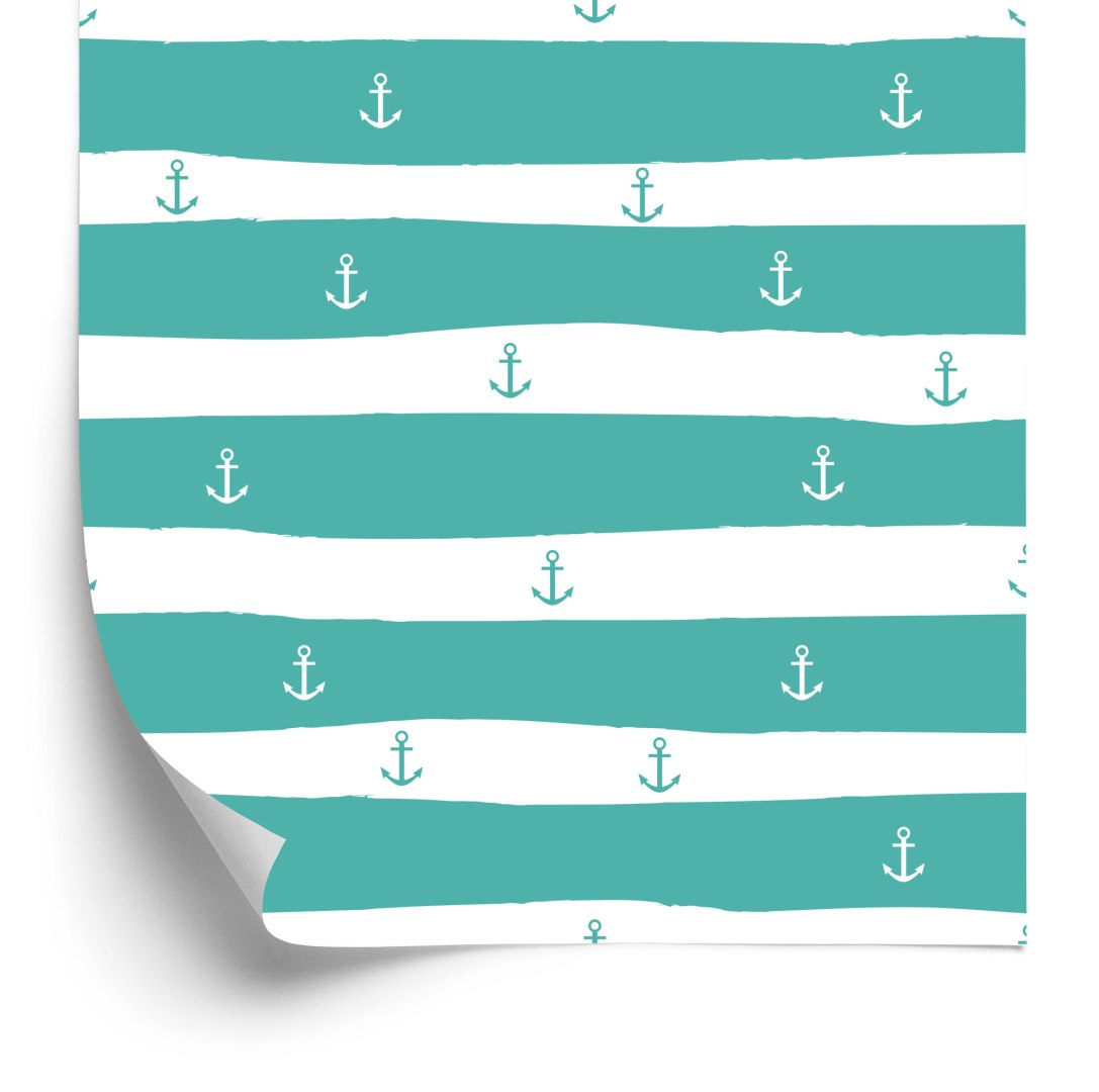 Tapeta Turkusowa-Morskie Paski I Kotwice