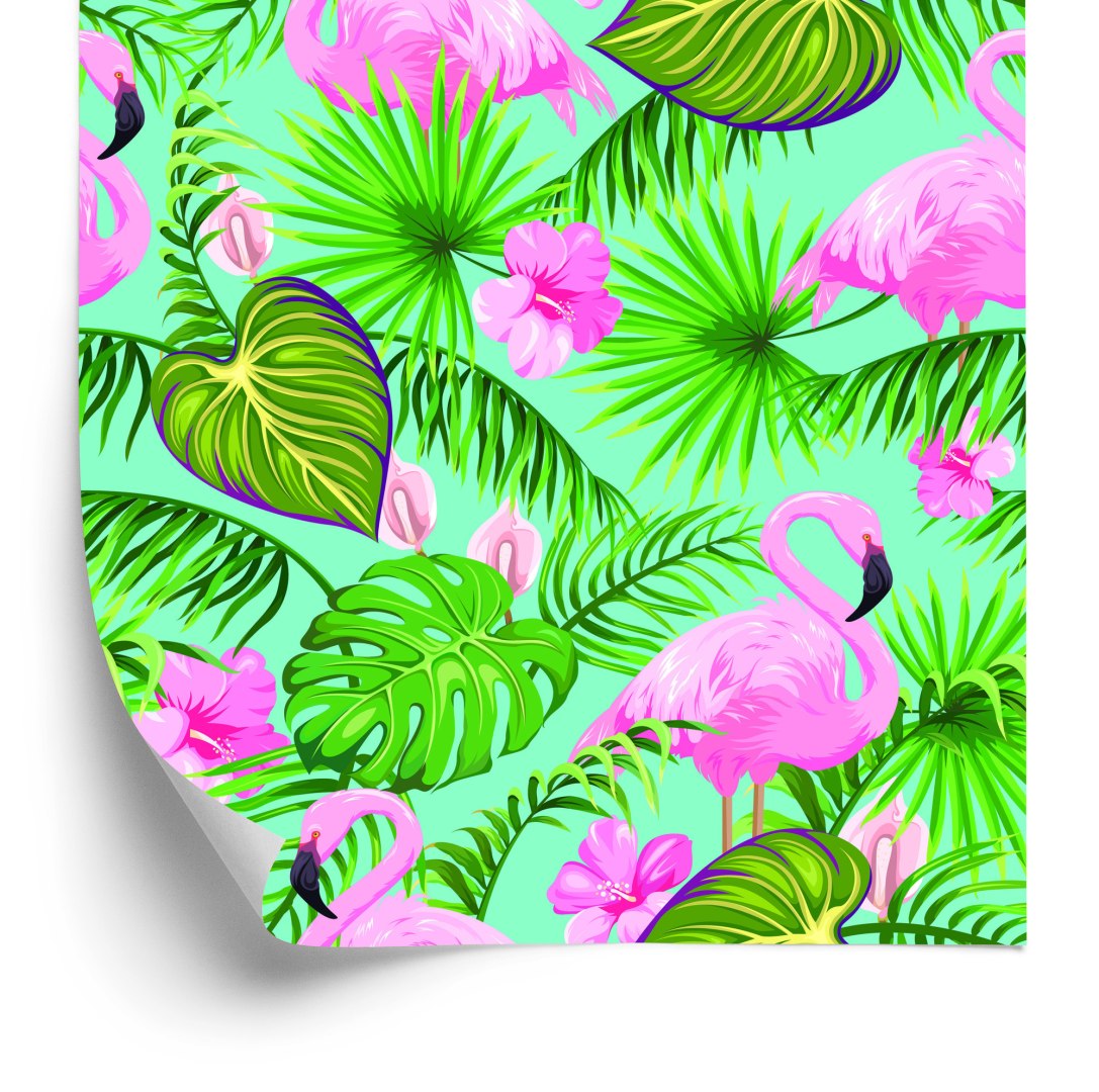 Tapeta Flamingi, Kwiaty I Liście Tropikalne