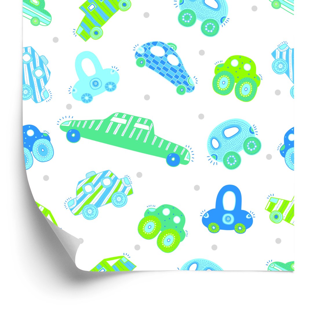 Tapeta Dla Dzieci - Niebiesko - Zielone Autka