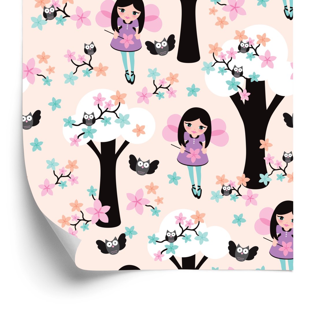 Tapeta Bajkowa Dla Dzieci, Wróżki, Sowy, Kwiaty