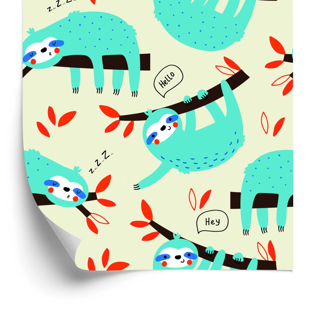 Tapeta Dla Dzieci Leniwce Liście Styl Skandynawski