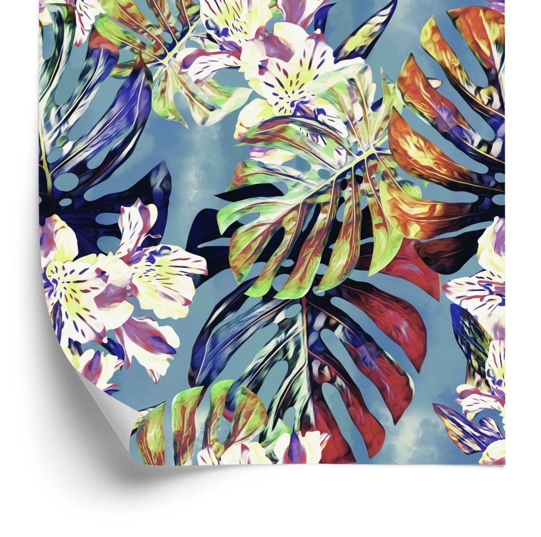 Tapeta Liście Monstery Z Kwiatami