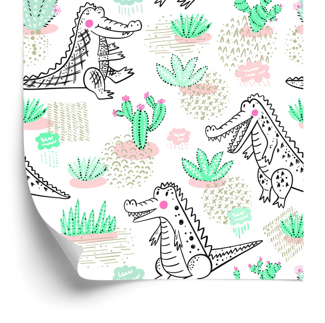 Tapeta Dla Dzieci, Krokodyle, Kaktusy, Kwiaty