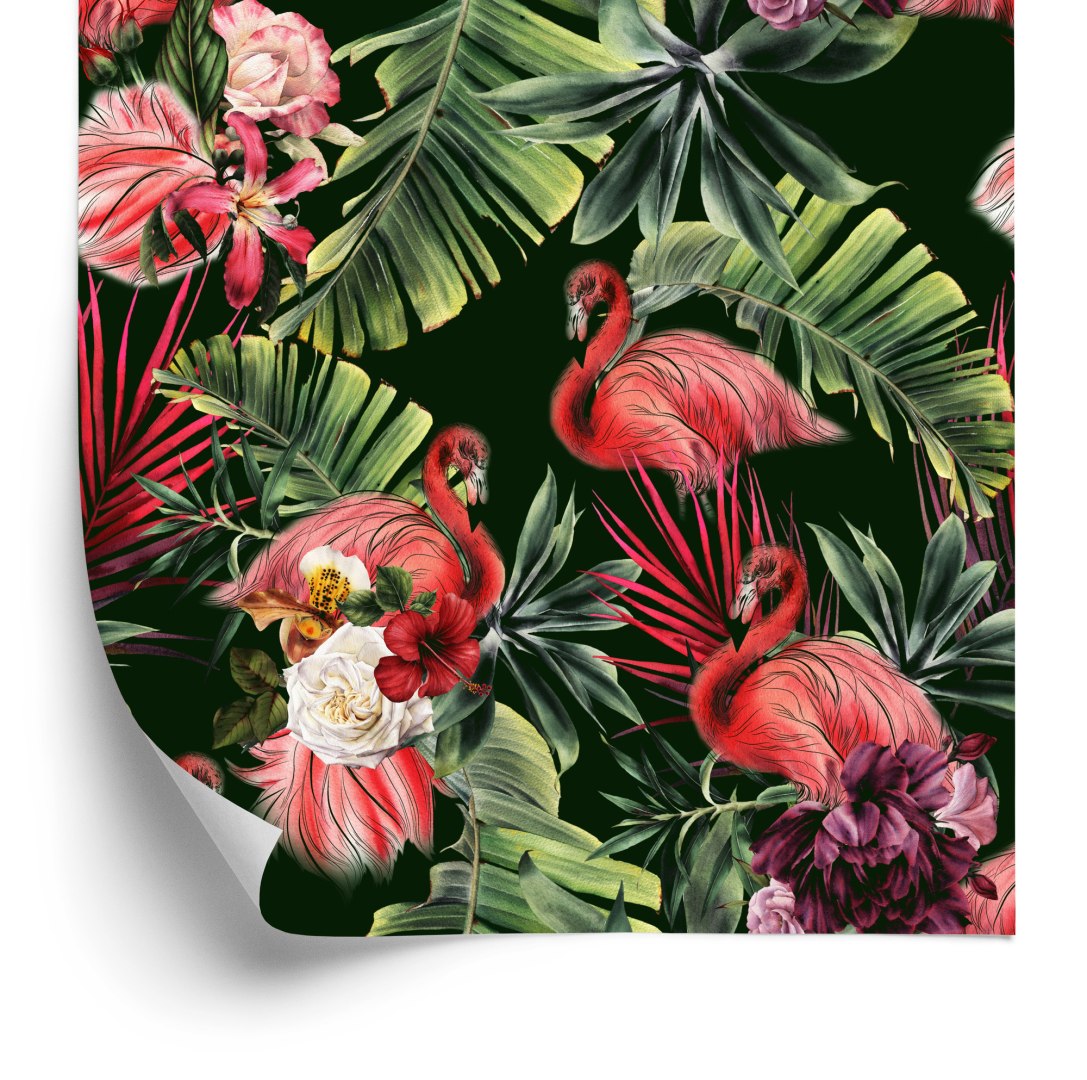 Tapeta Flamingi, Róże, Kwiaty, Zieleń, Do Sypialni