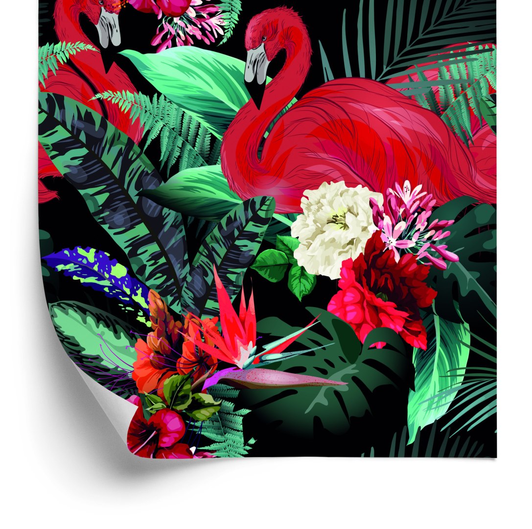 Tapeta Flamingi, Kwiaty, Liście, Sypialnia